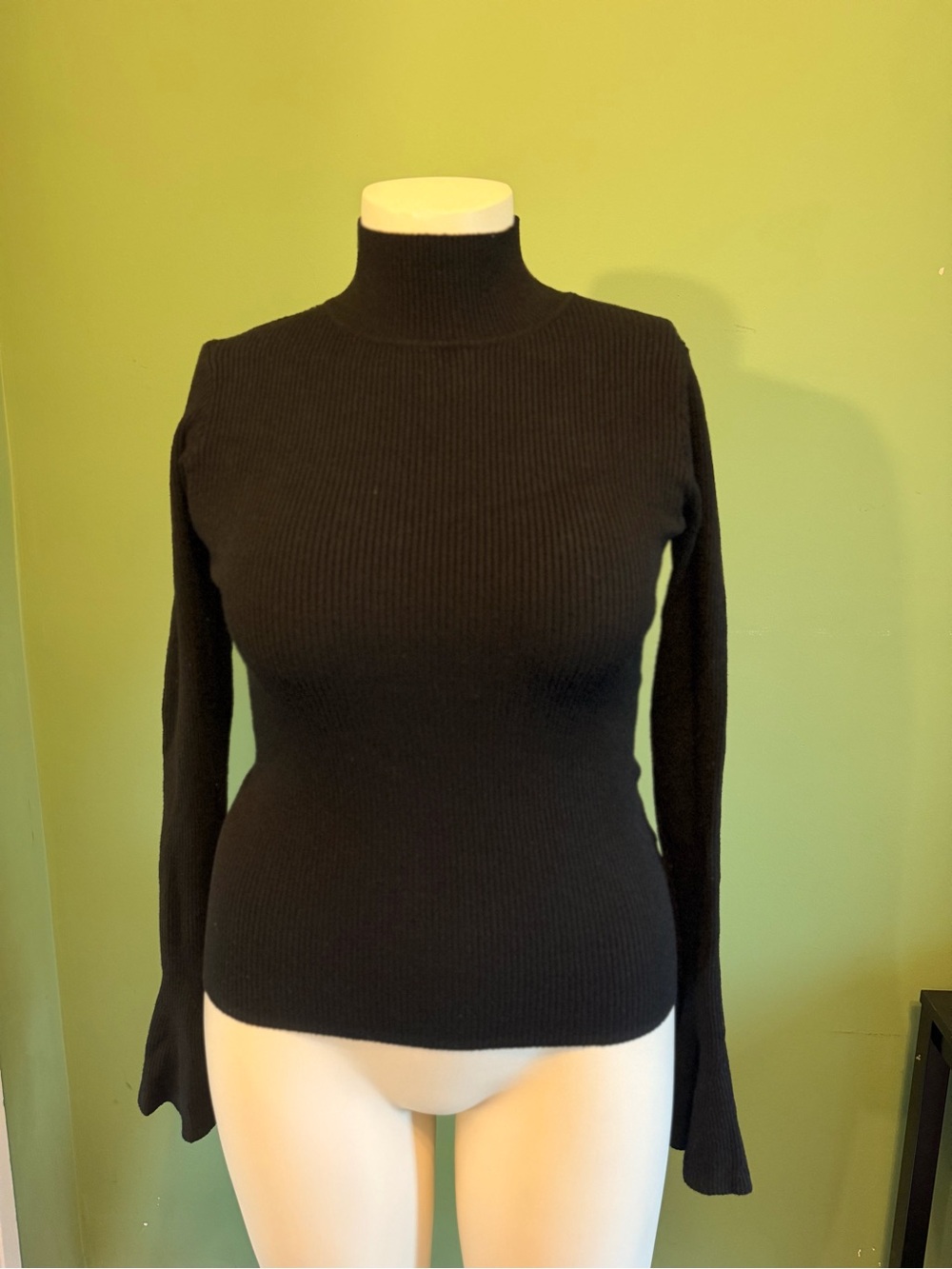 ONTWELFTH - Classic Black Ribbed Mock Neck Sweater with ruffle flared sleeve